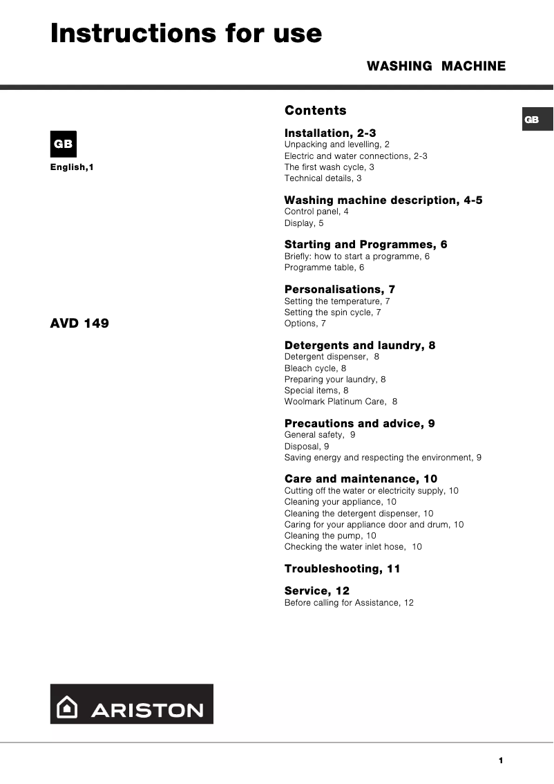 Page 1 de la notice Manuel utilisateur Ariston Thermo AVD149