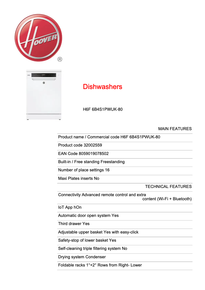Page 1 of the manual Technical Sheet Hoover H6F 6B4S1PWUK-80