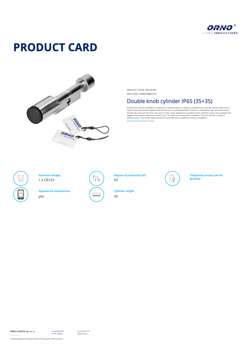 Page 1 de la notice Fiche technique ORNO OR-ZS-851