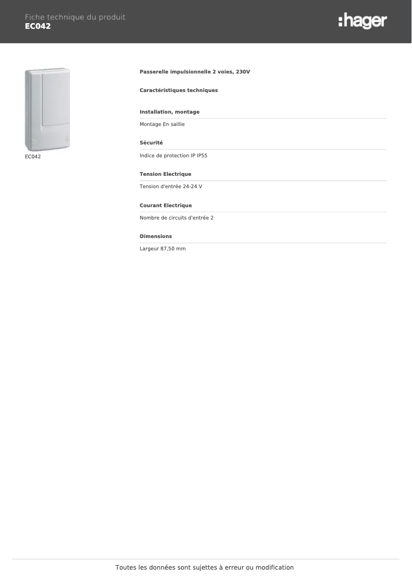 Page 1 de la notice Fiche technique Hager EC042