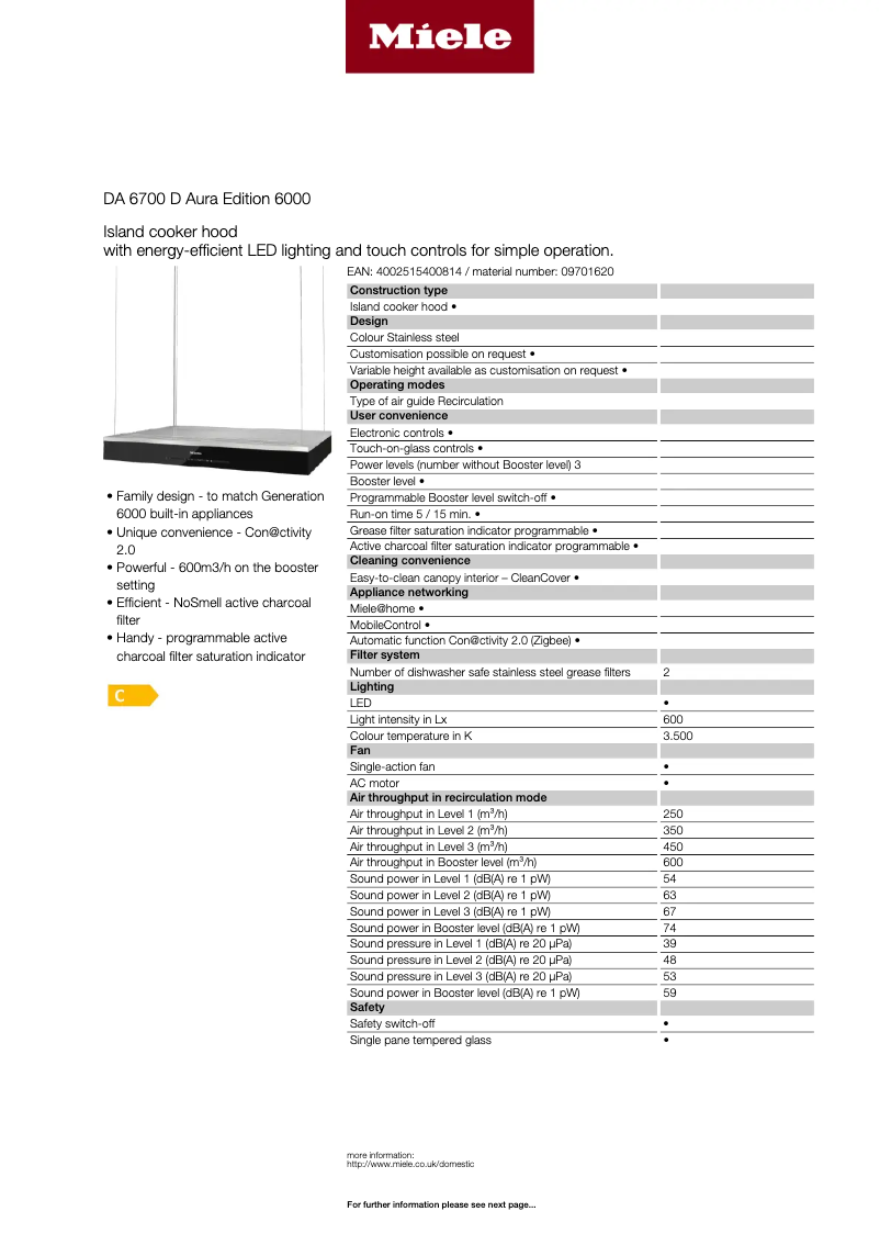 Página 1 del manual Ficha técnica Miele DA 6700 D