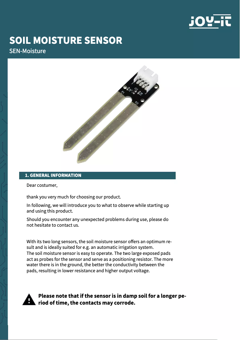 Page 1 de la notice Manuel utilisateur Joy-It SEN-Moisture