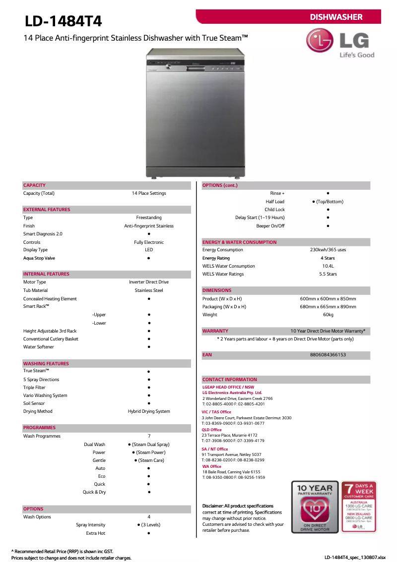 Page 1 de la notice Fiche technique LG LD-1484T4
