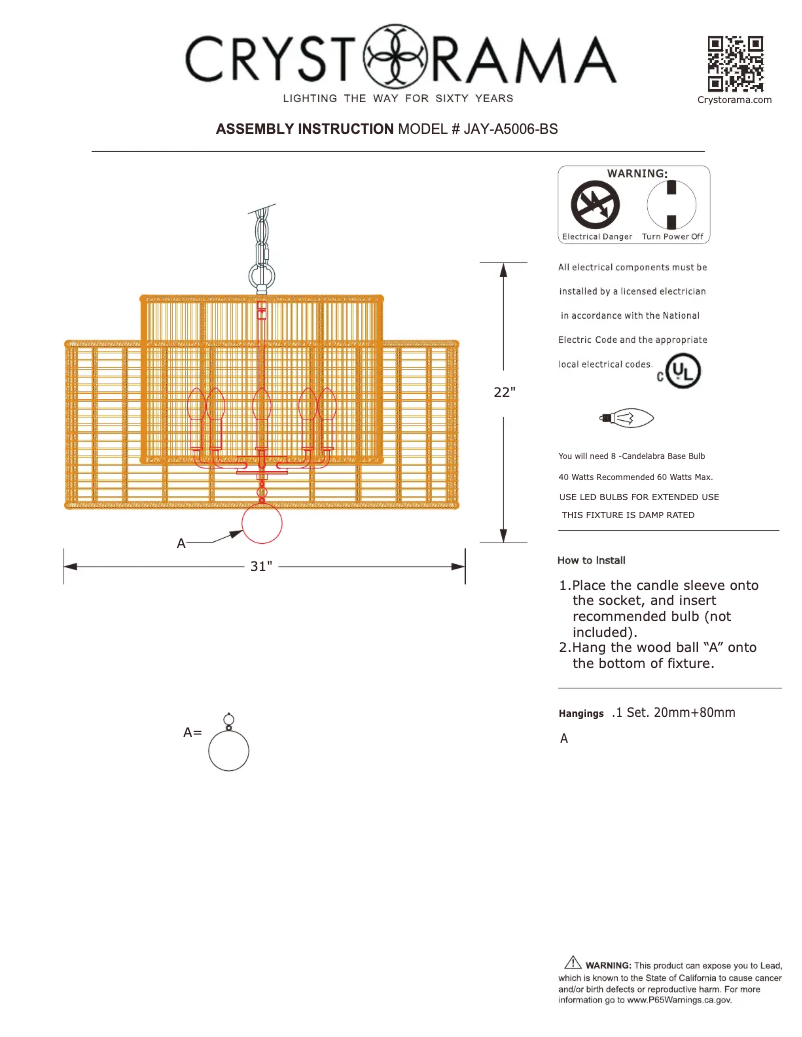 Page 1 de la notice Manuel utilisateur Crystorama Jayna JAY-A5006-BS