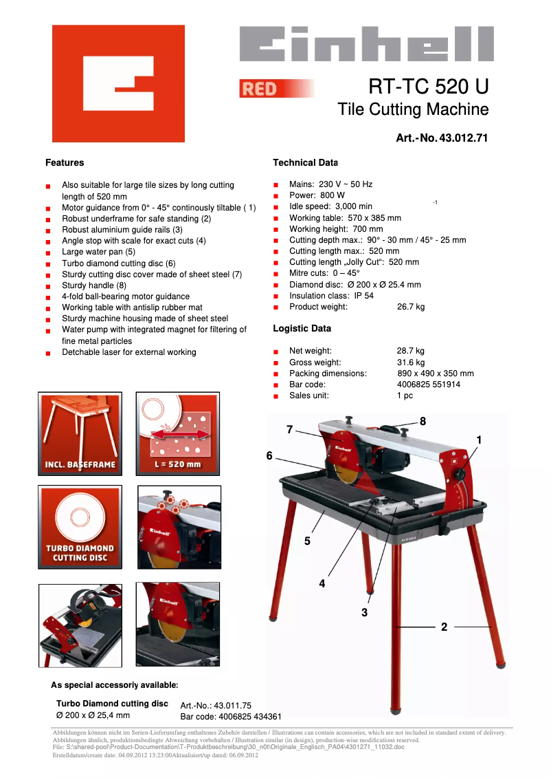 Page 1 de la notice Fiche technique Einhell RT-TC 520 U