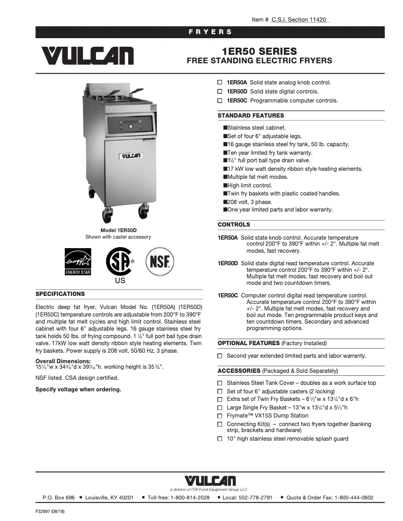 Page 1 de la notice Fiche technique Vulcan ER50