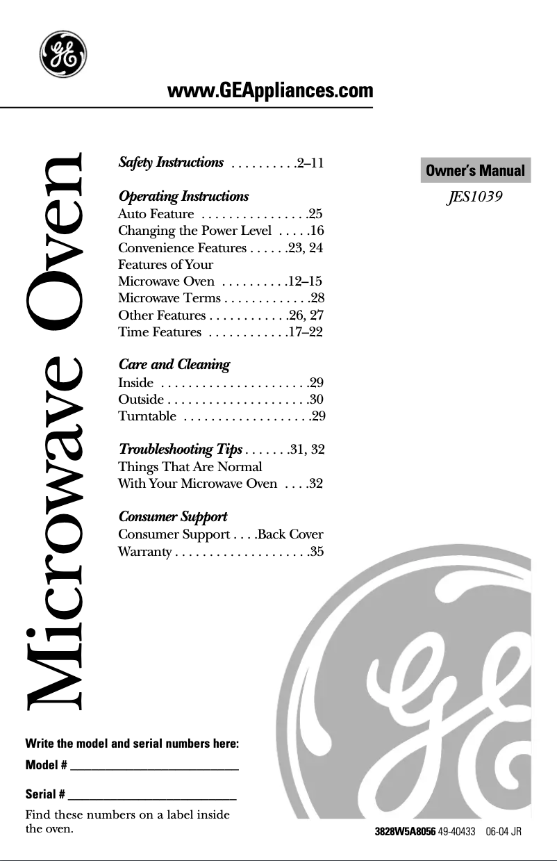 Page 1 of the manual Installation Guide GE JES1039WJ