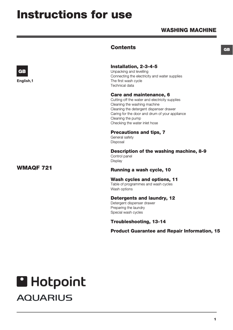 Page 1 of the manual User Manual Hotpoint WMAQF 721P UK.M