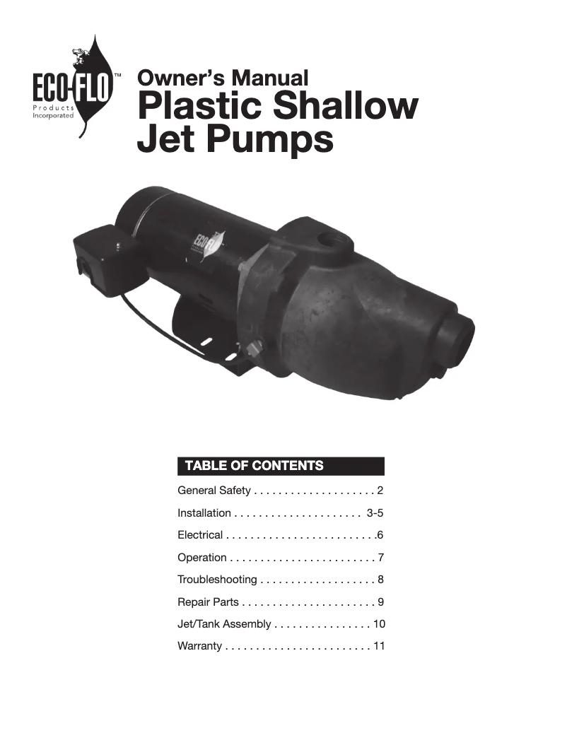 Page 1 of the manual User Manual Eco-Flo Plastic Shallow Jet Pump