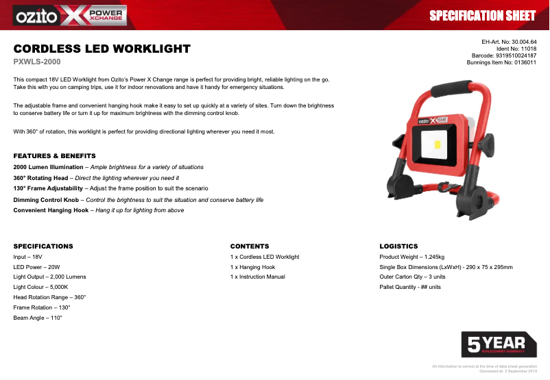 Page 1 de la notice Fiche technique Ozito PXWLS-2000