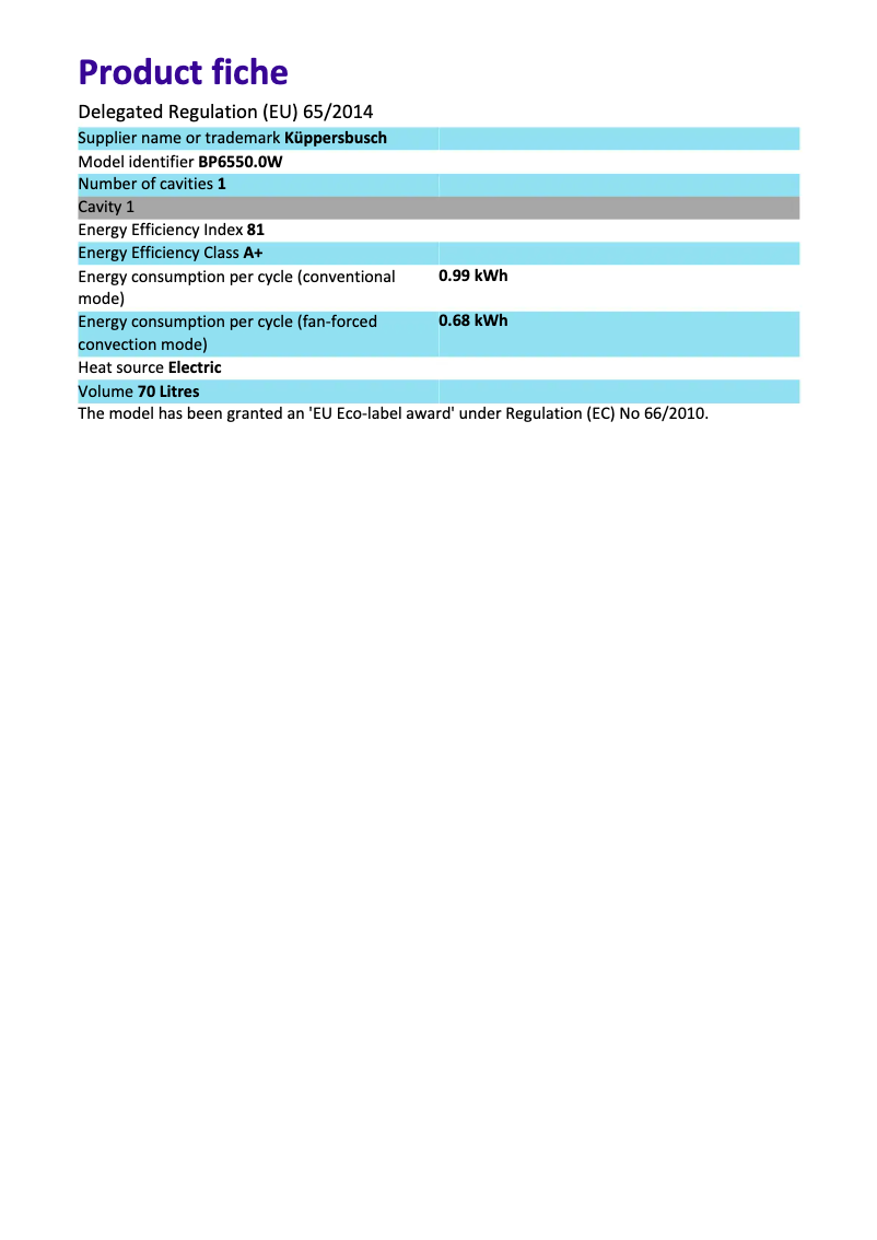 Page 1 de la notice Fiche technique Küppersbusch BP6550.0W