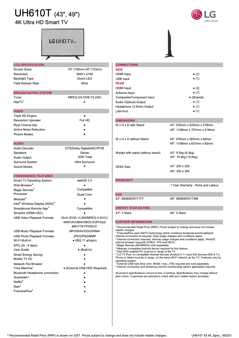 Page 1 de la notice Fiche technique LG 49UH610T