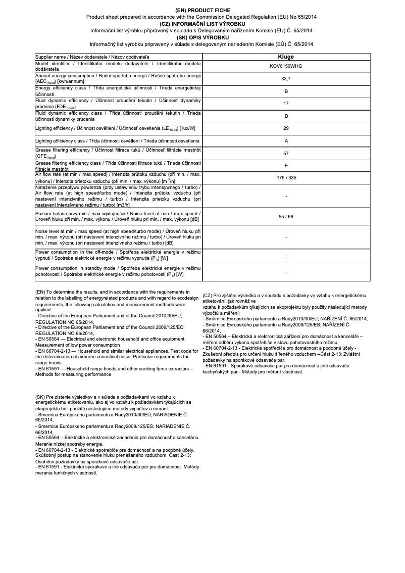 Page 1 de la notice Fiche technique Kluge KOV6150WHG