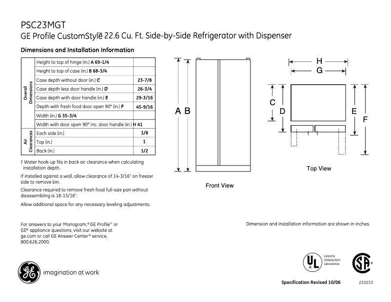 Page 1 de la notice Fiche technique GE PSC23MGTCC