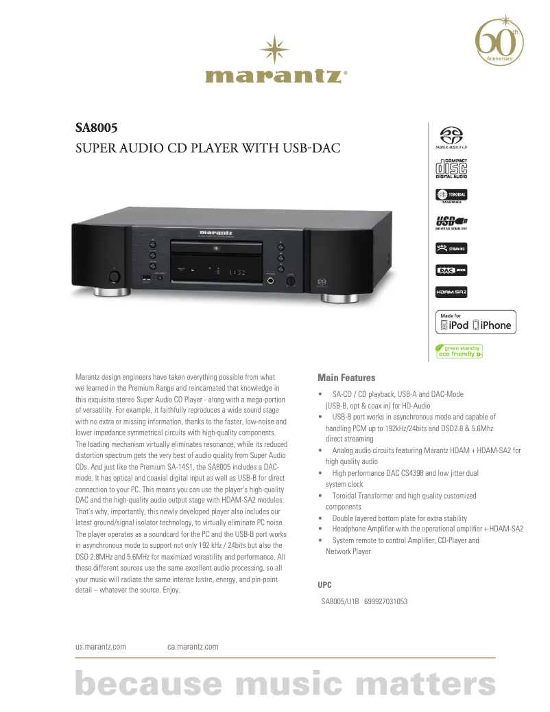 Page 1 de la notice Fiche technique Marantz SA8005