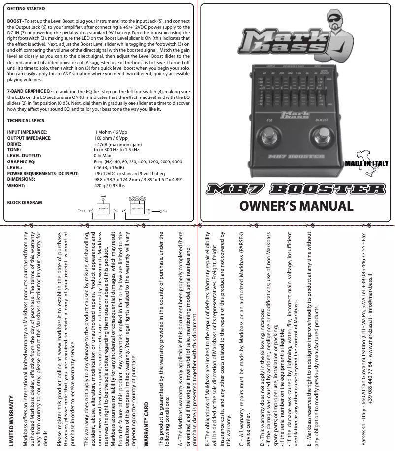Page 1 de la notice Manuel utilisateur Markbass MB7 Booster