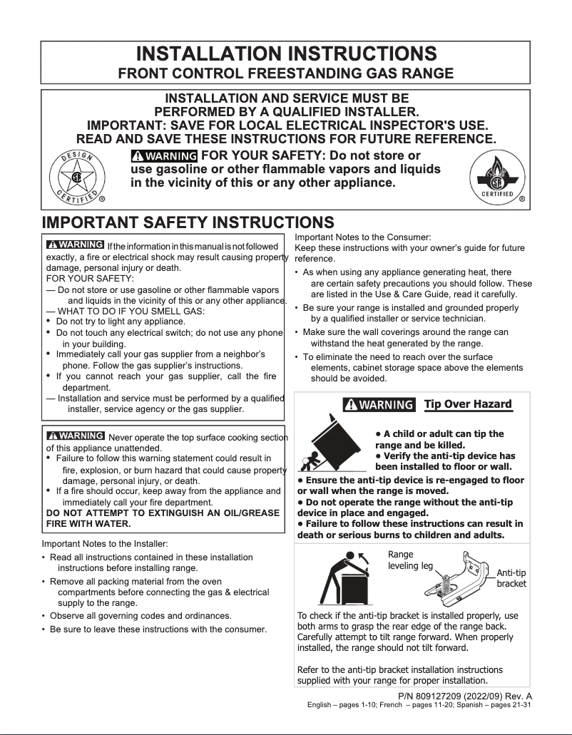 Page 1 de la notice Guide d'installation Frigidaire PCFG3080AF