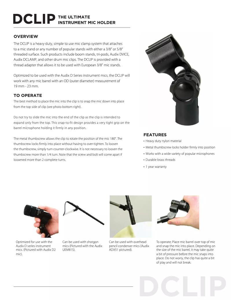 Page 1 de la notice Manuel utilisateur Audix D-Clip