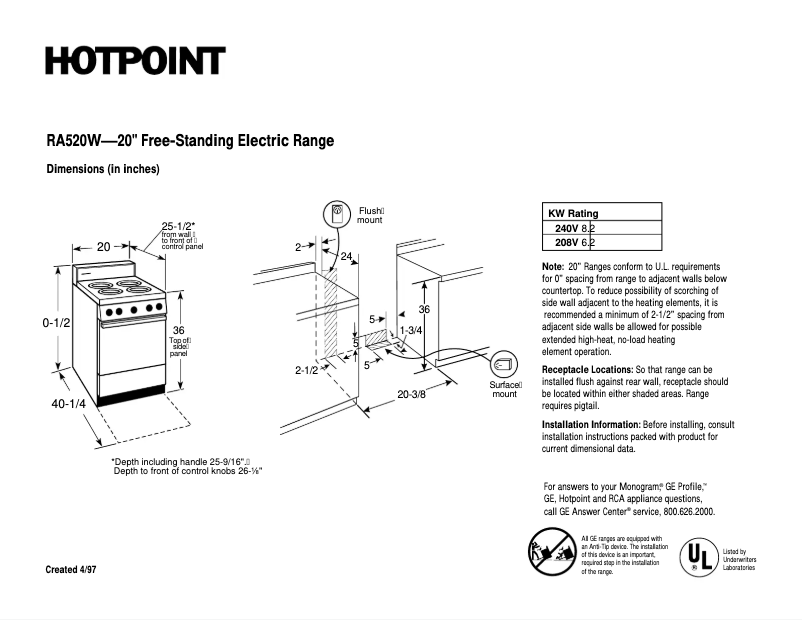 Página 1 del manual Ficha técnica Hotpoint RA520WAD