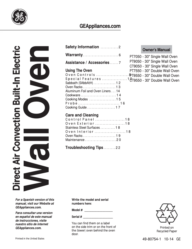 Page n°1 - Mode d'emploi GE PT7050EHES Profile