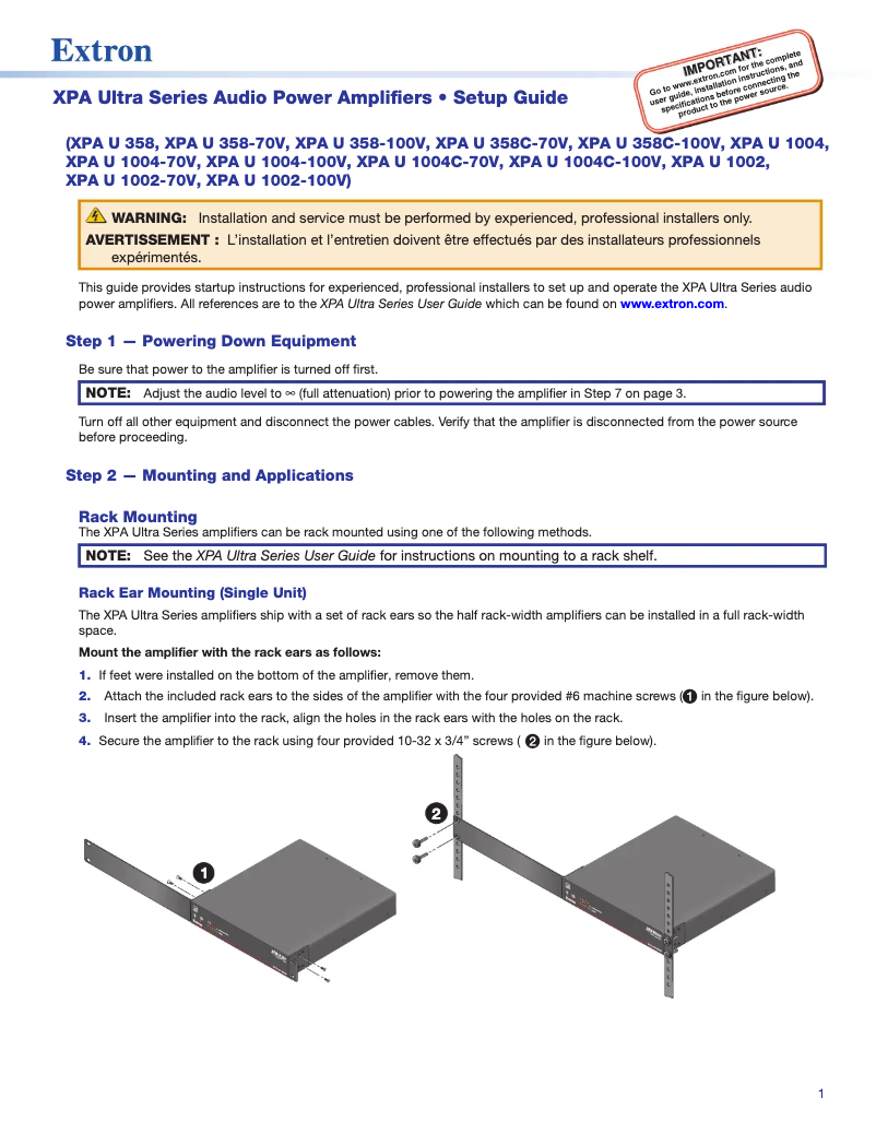 Page 1 de la notice Manuel utilisateur Extron XPA U 1002