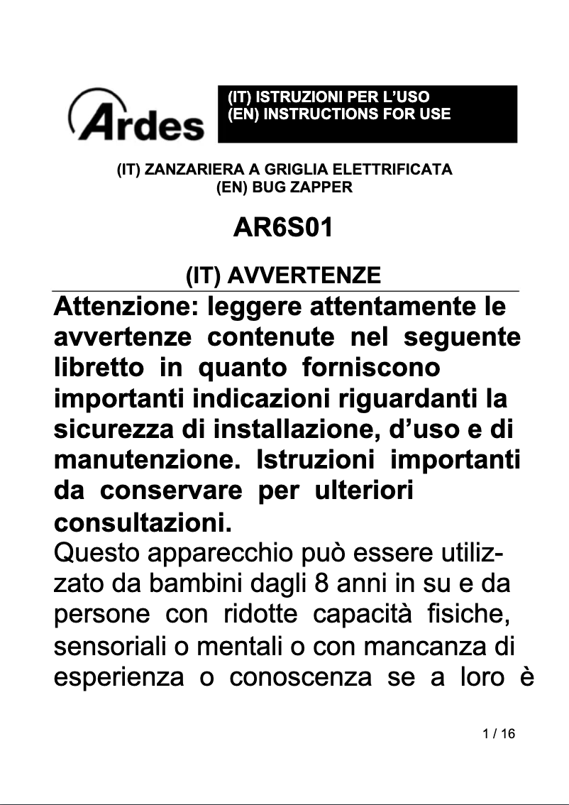 Page 1 de la notice Manuel utilisateur Ardes AR6S01