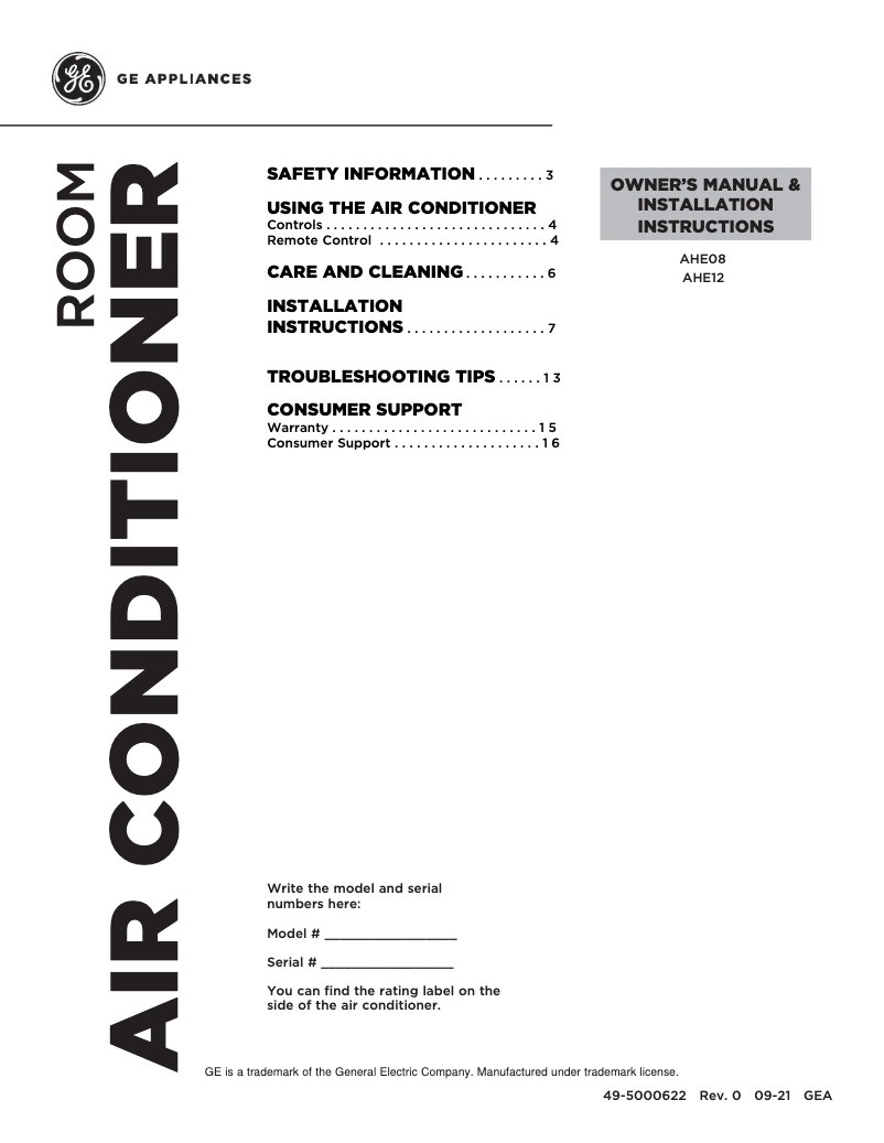 Página 1 del manual Guía de instalación GE AHE12DZ
