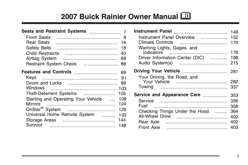 Page 1 de la notice Manuel utilisateur Buick Rainier (2004)