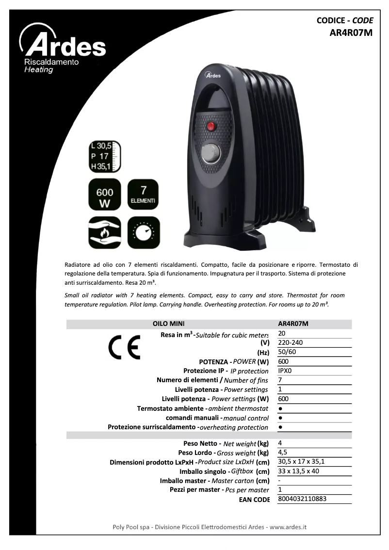 Page 1 de la notice Fiche technique Ardes AR4R07M