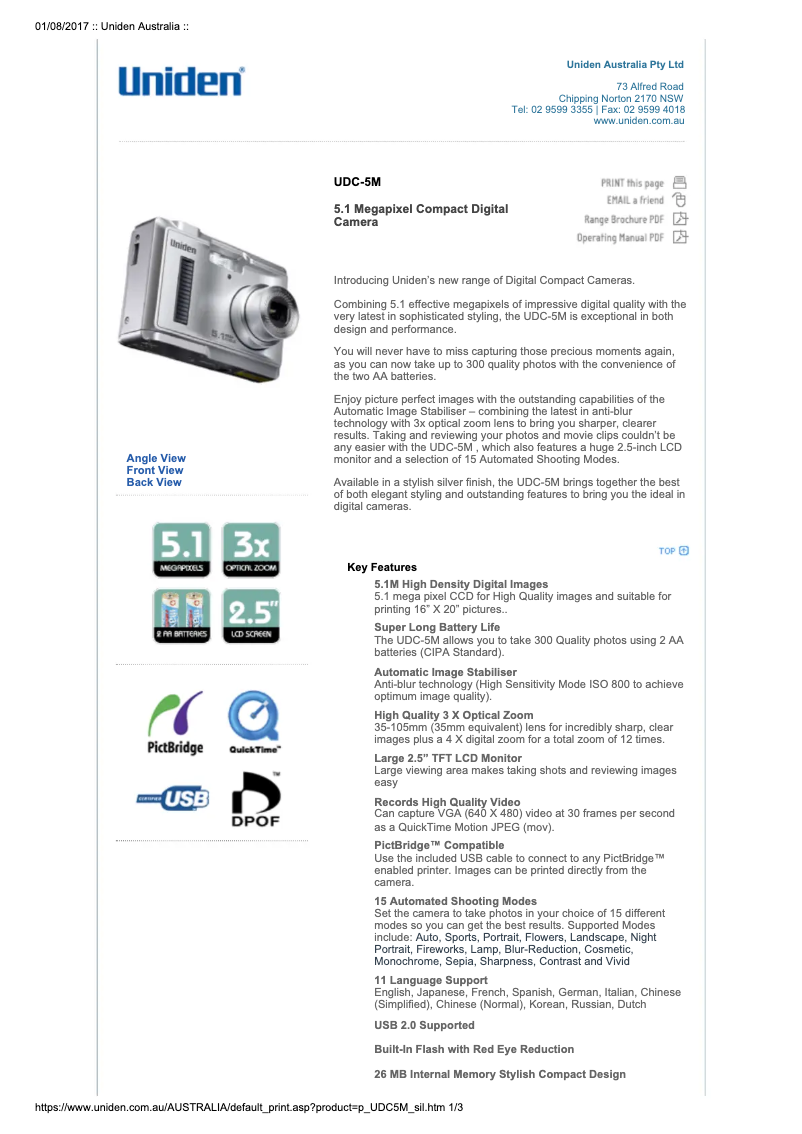 Page 1 de la notice Manuel utilisateur Uniden UDC-5M