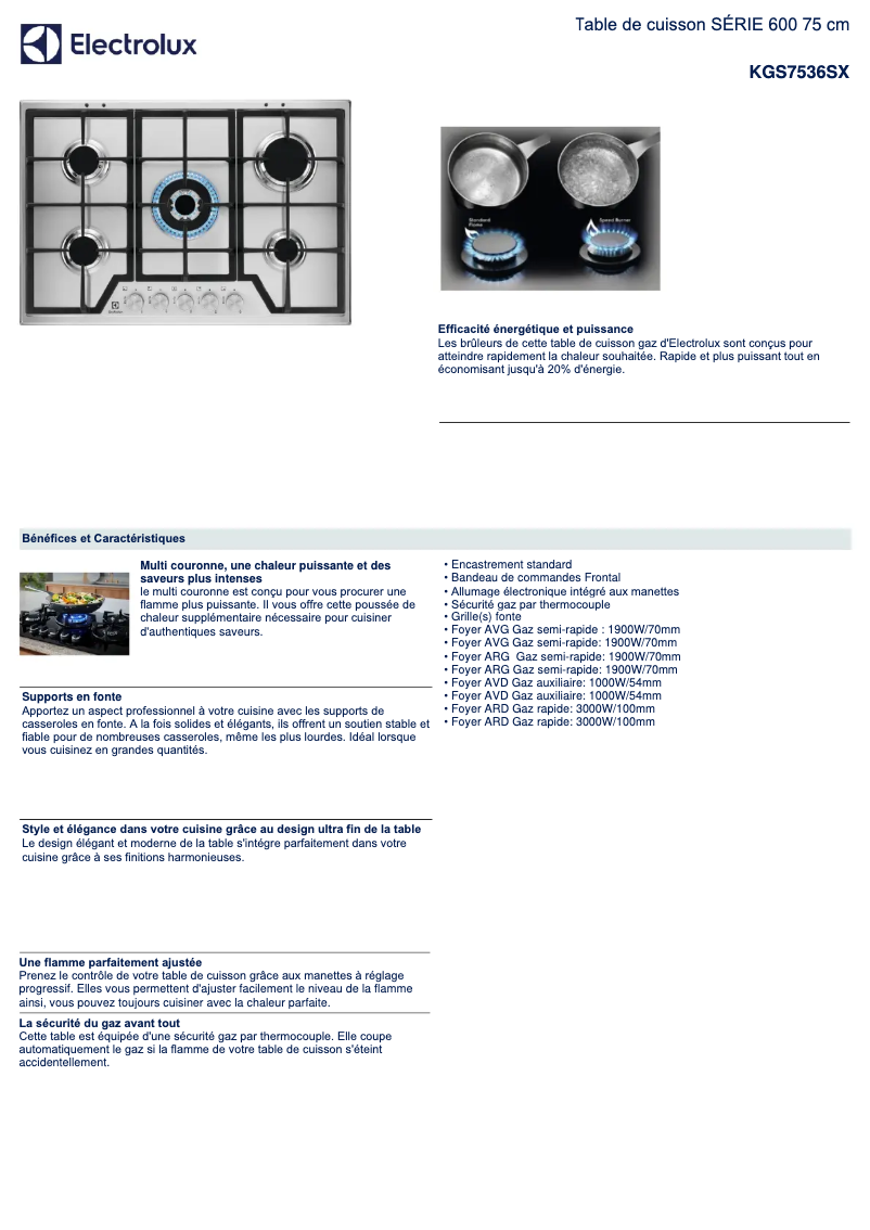 Page 1 de la notice Fiche technique Electrolux KGS7536SX