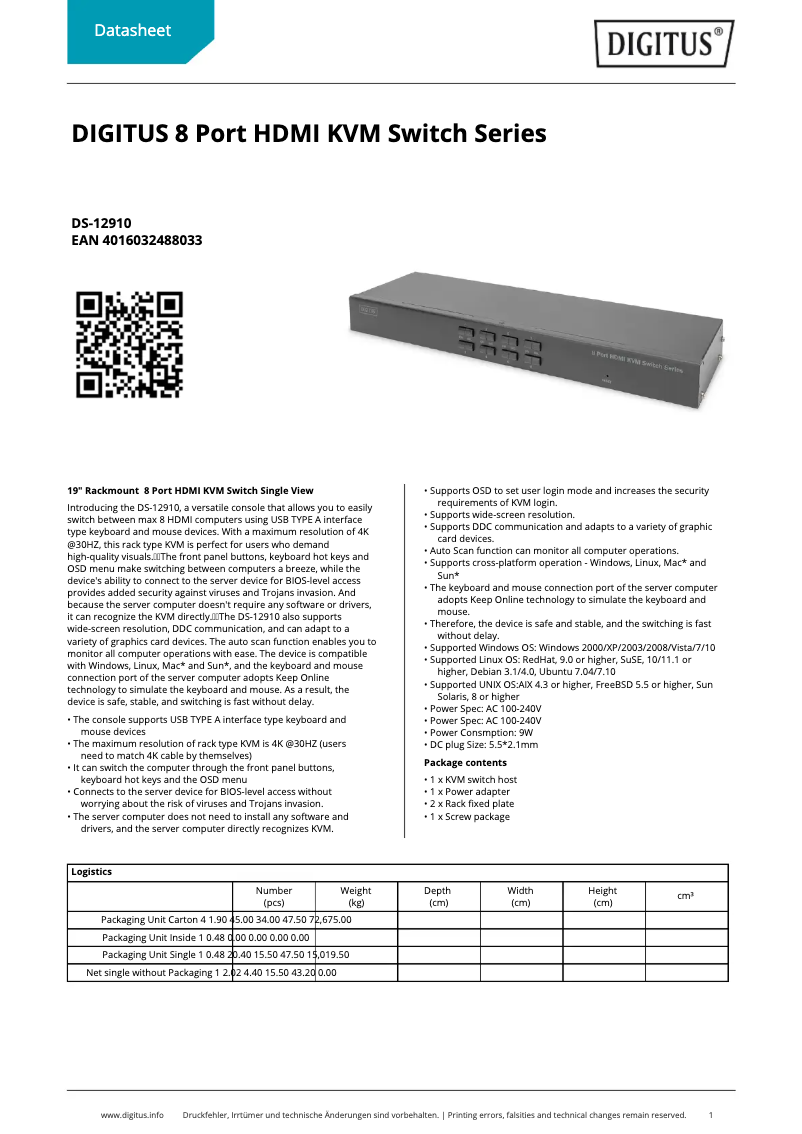 Page 1 de la notice Fiche technique Digitus DS-12910