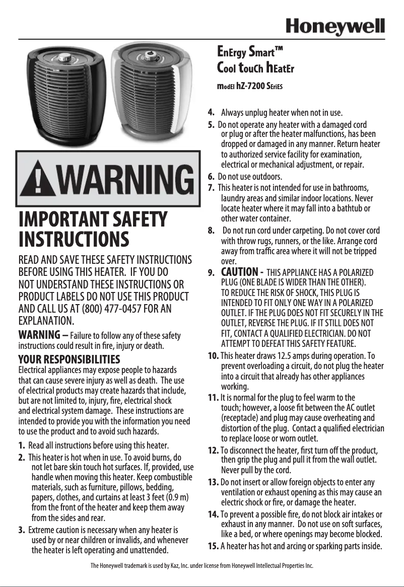 Page 1 de la notice Manuel utilisateur Honeywell EnergySmart Cool Touch HZ-7204U