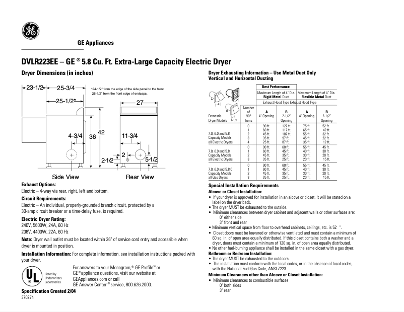 Página 1 del manual Ficha técnica GE DVLR223EEWW