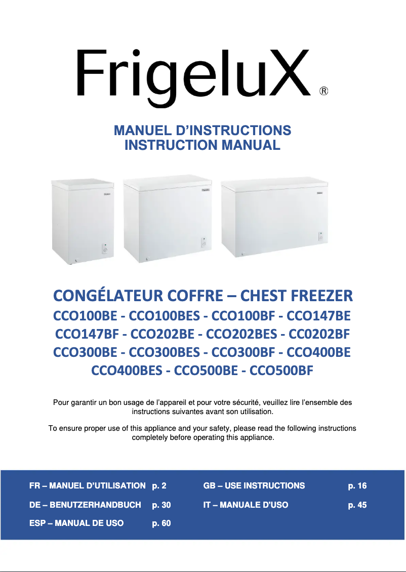 Page 1 de la notice Manuel utilisateur FrigeluX CCO100BE