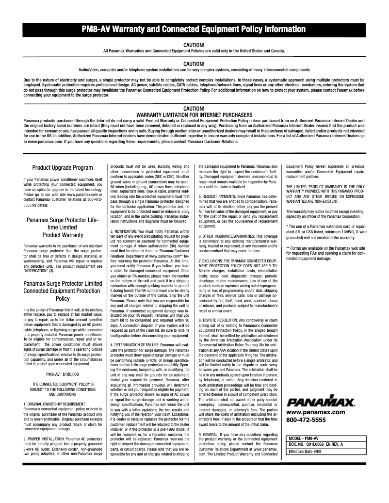 Page 1 de la notice Informations de garantie Panamax PM8-AV