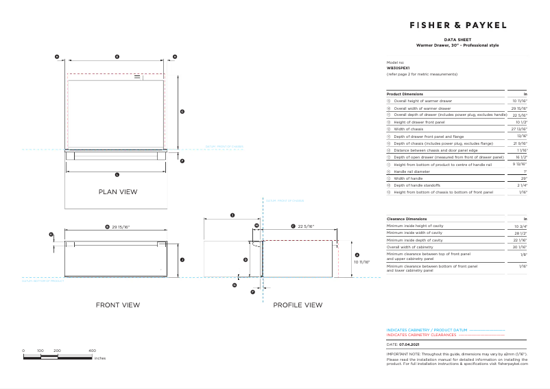 Page 1 de la notice Fiche technique Fisher & Paykel WB30SPEX1
