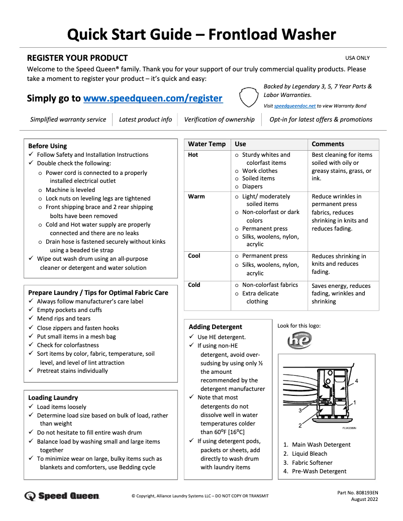 Página 1 del manual Guía de inicio rápido Speed Queen SF7007BG
