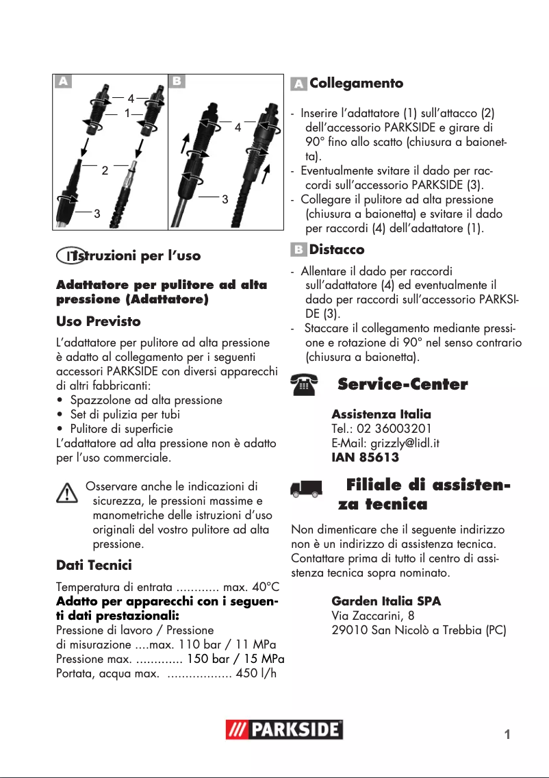 Page 1 de la notice Manuel utilisateur Parkside IAN 85613