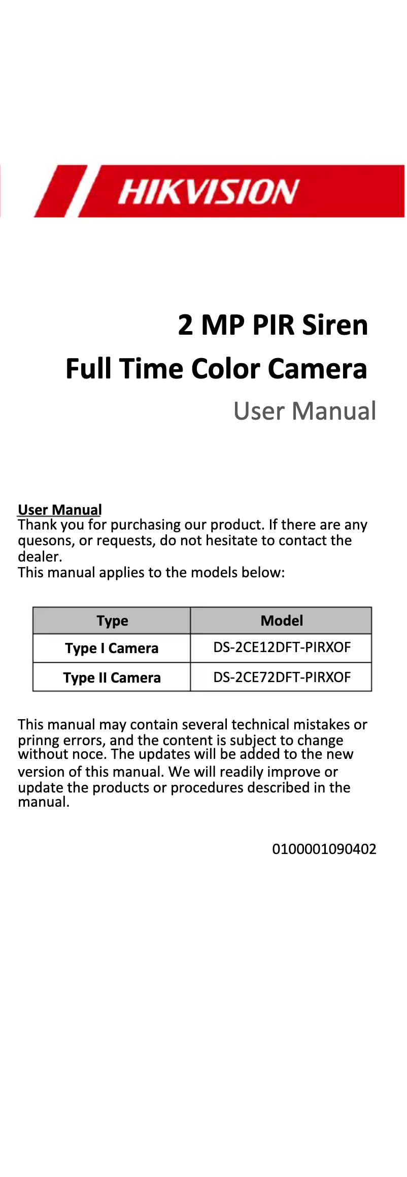 Page 1 de la notice Manuel utilisateur Hikvision DS-2CE72DFT-FC28