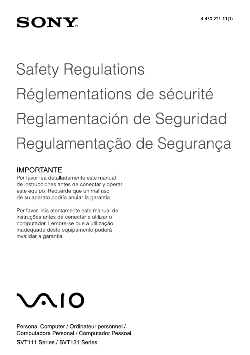 Page 1 de la notice Instructions de sécurité Sony Vaio Tab 13 SVT13114GXS