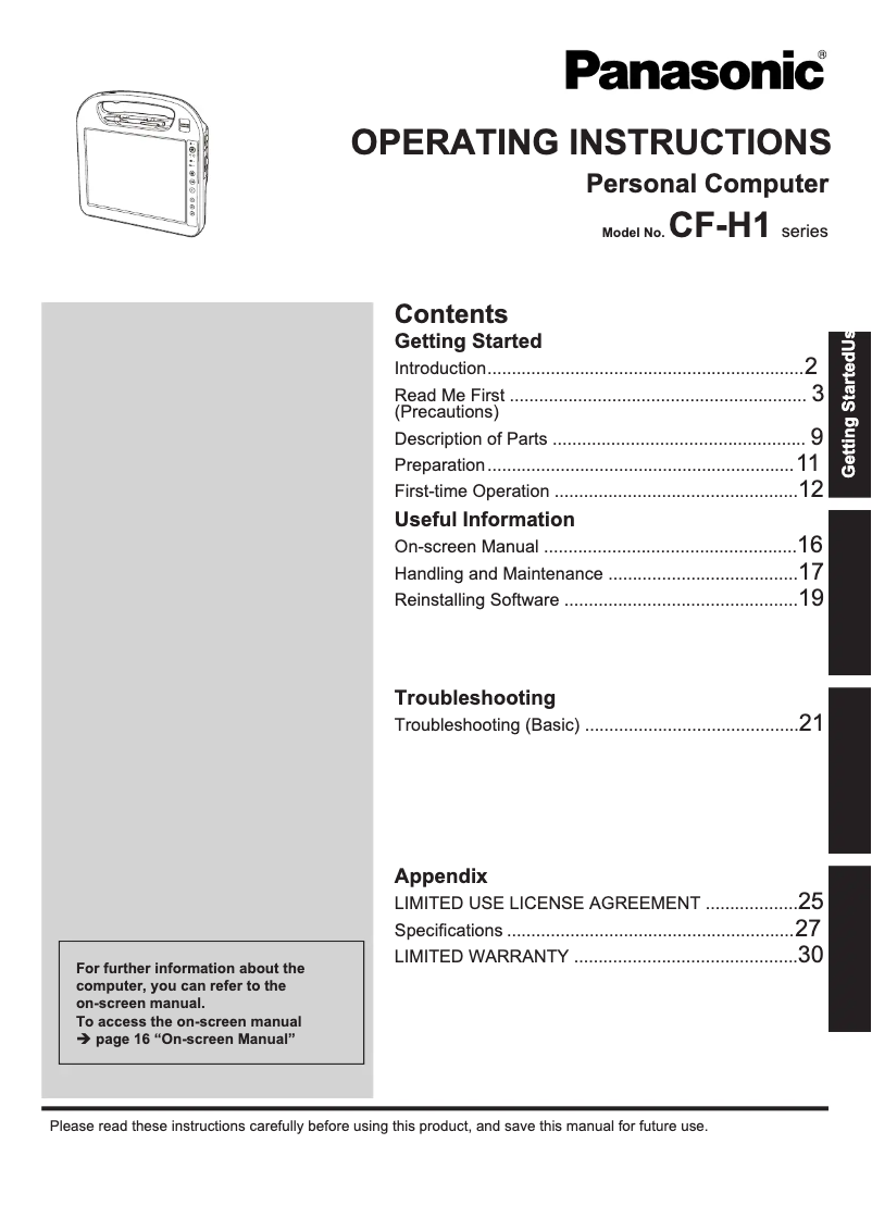 Page 1 de la notice Manuel utilisateur Panasonic Toughbook H1 Field Pro