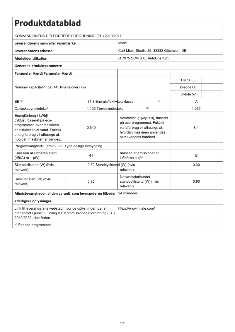 Page 1 de la notice Fiche technique Miele G 7975 SCVi XXL AutoDos