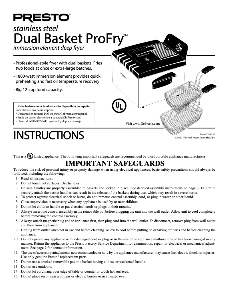 Page 1 de la notice Manuel utilisateur Presto ProFry 05489