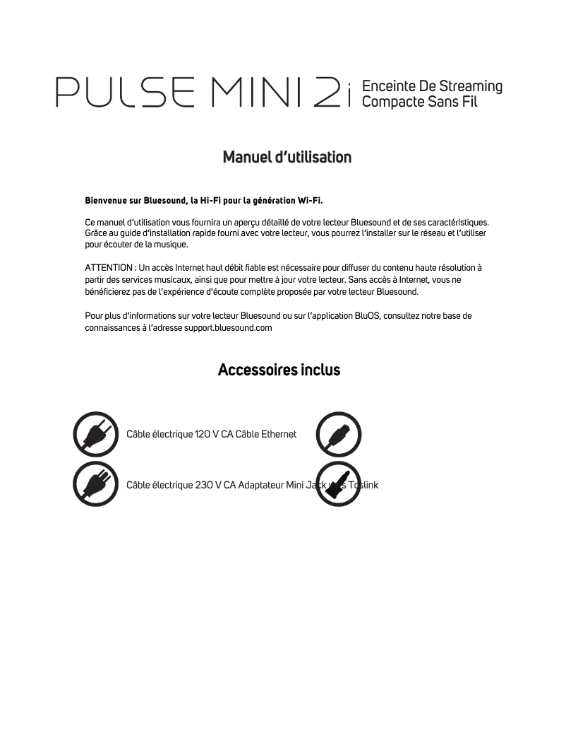 Page 1 de la notice Manuel utilisateur Bluesound Pulse Mini 2i