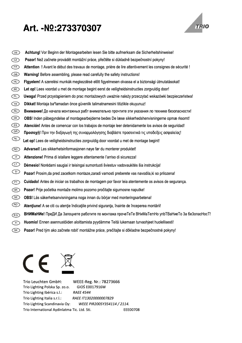 Page 1 de la notice Manuel utilisateur Trio Lighting Ecco 273370307