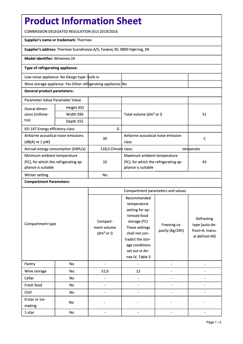 Page 1 of the manual Technical Sheet Thermex Winemex 24