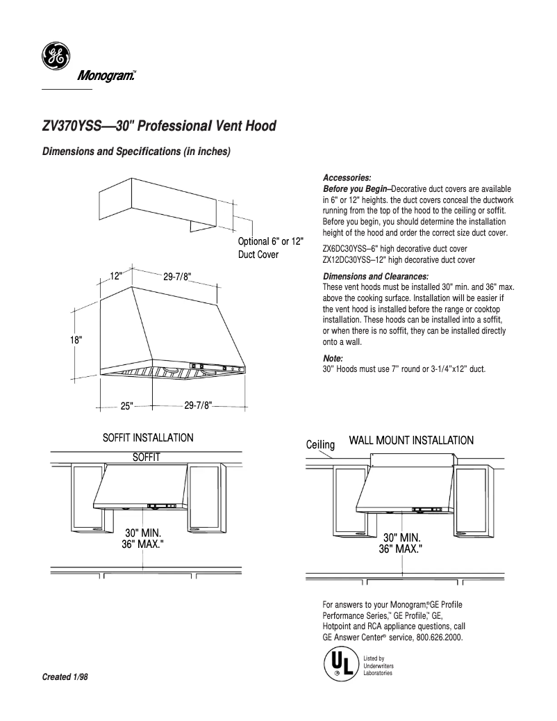 Page 1 of the manual Technical Sheet GE ZV370YSS