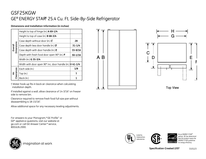 Page 1 of the manual Technical Sheet GE GSF25KGWWW