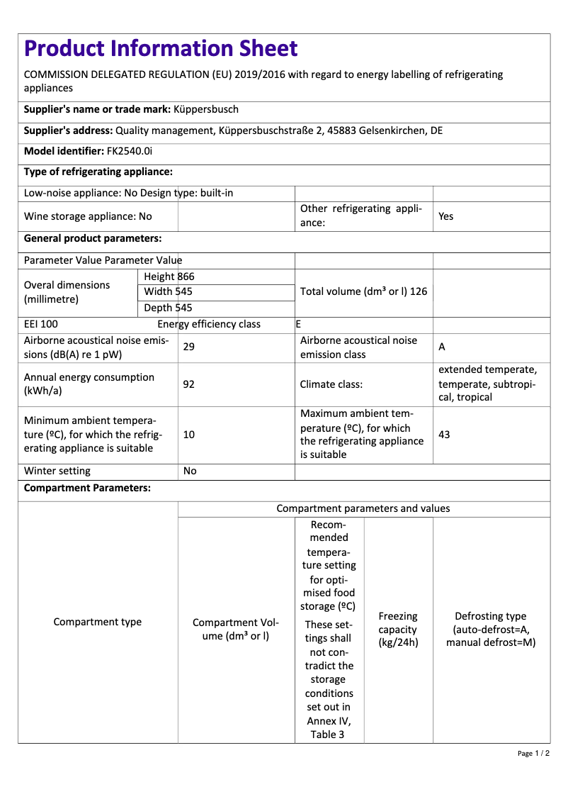 Page 1 de la notice Label énergétique Küppersbusch FK2540.0i